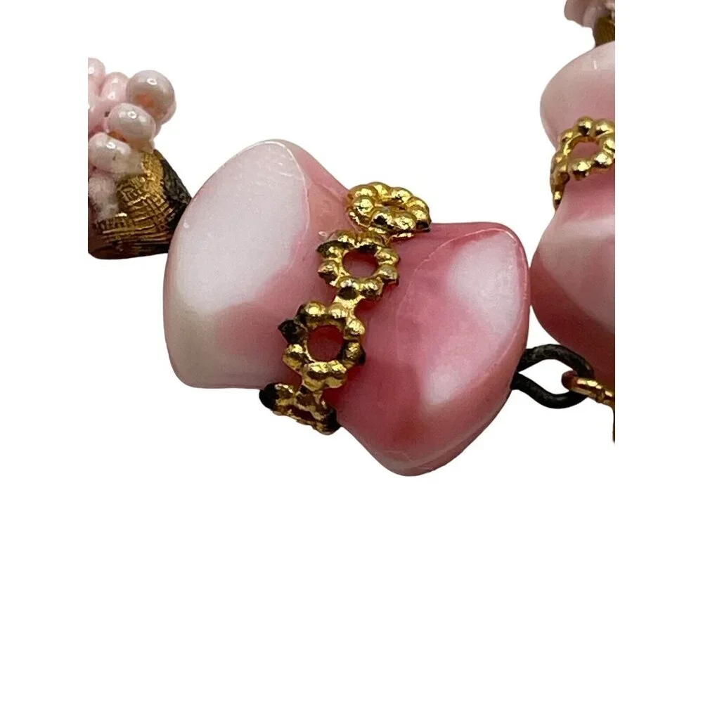 VTG Pink Seed Bead Milk‎ Glass Multi Strand Braided Tassel Necklace Earring Set